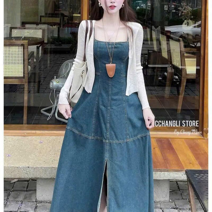 Đầm Denim 2 Dây Dáng Dài Xẻ Tà Kèm Áo Khoác Len Ren Tb125mg-nana House