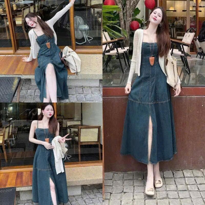 Đầm Denim 2 Dây Dáng Dài Xẻ Tà Kèm Áo Khoác Len Ren Bt125lc-sam Store