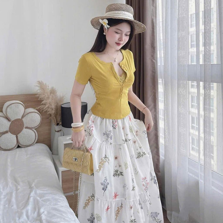 Alternative view of Set Áo Thun Tăm Lạnh Mix Chân Váy Đũi Hoa Bt105oi-sam Store