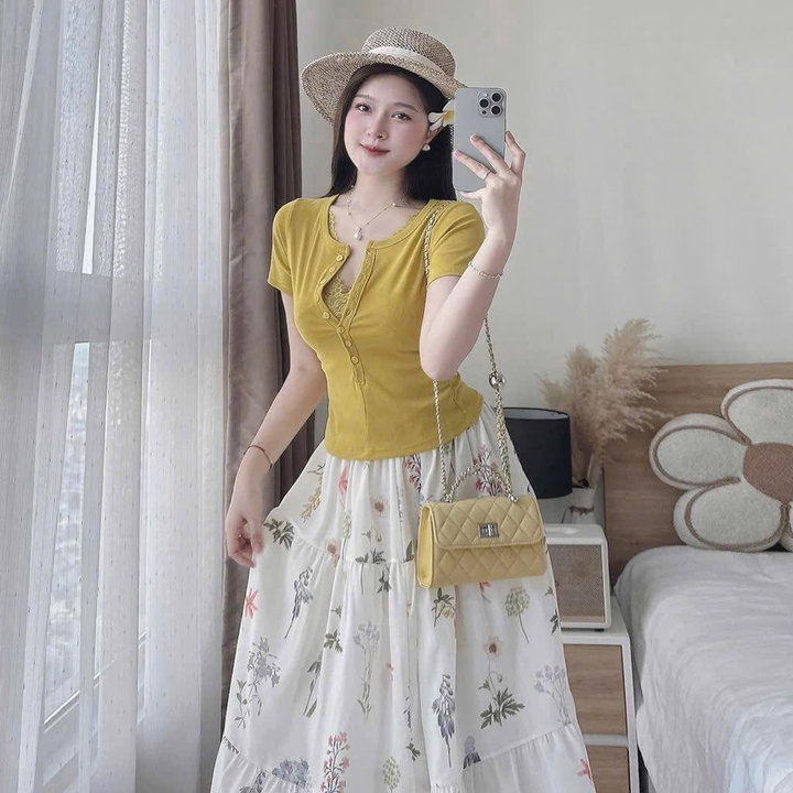 Set Áo Thun Tăm Lạnh Mix Chân Váy Đũi Hoa Bt105oi-sam Store