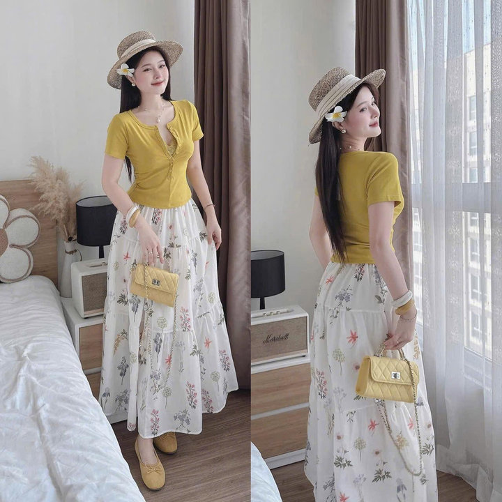 Alternative view of Set Áo Thun Tăm Lạnh Mix Chân Váy Đũi Hoa Tb105gd-nana House