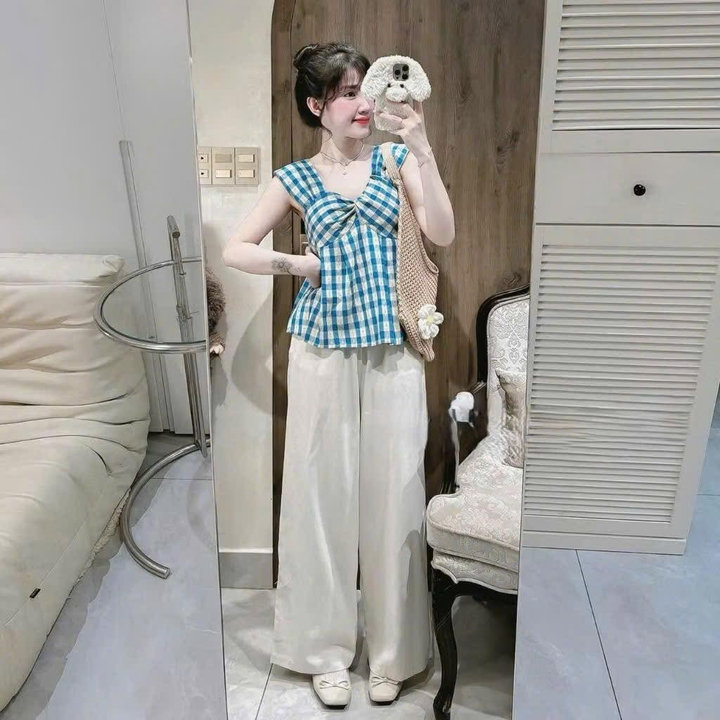 Alternative view of Set Áo Kiểu Ren Xô Đũi Hoa Quần Suông Xước Bt110hd-sam Store