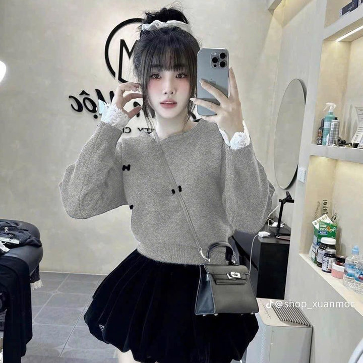Alternative view of Set Áo Thun Tăm Phối Ren Đính Nơ Mix Chân Váy Bí Nhung 2 Lớp Bt105ks-sam Store
