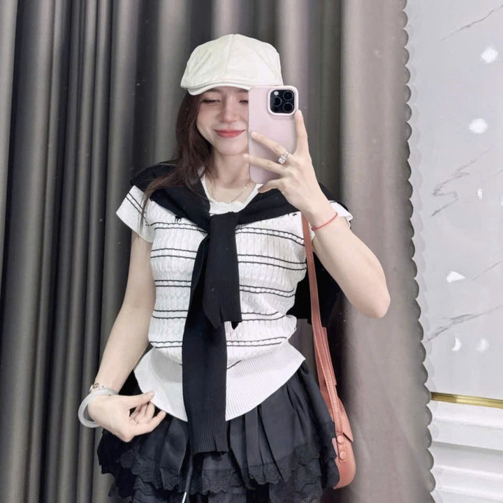 Alternative view of Áo Dệt Kim Cổ Tròn Cộc Tay Tặng Kèm Khăn Thời Trang- Chipxinhxk