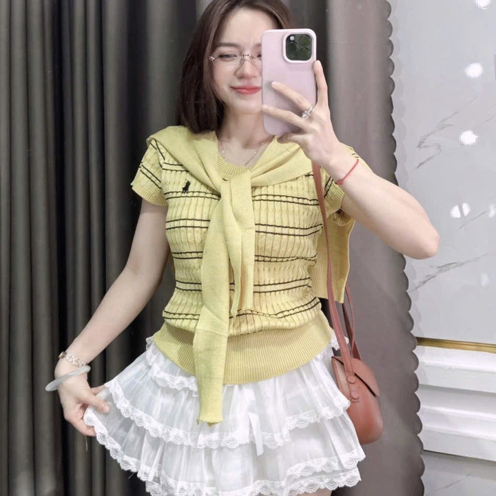 Áo Dệt Kim Cổ Tròn Cộc Tay Tặng Kèm Khăn Thời Trang- Chipxinhxk