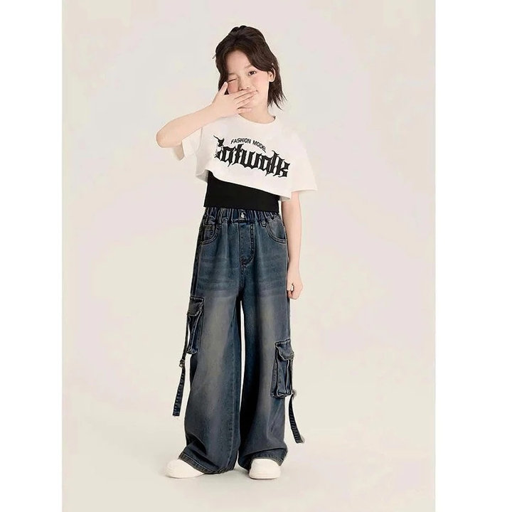 Quần Jean Ống Suông Túi Hộp Dây Bé Gái Phong Cách Hàn, Jean Cotton Mềm Nhẹ – 2 Màu Cá Tính Từ 18-50kg Dành Cho Bé Gái