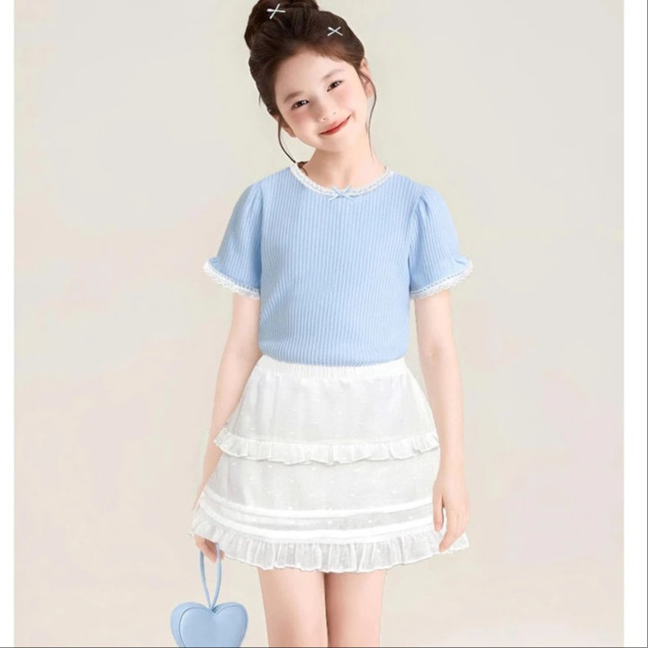 Alternative view of Set Áo Thun Gân Viền Ren Mix Chân Váy Xòe Bé Gái Dễ Thương Từ 12-36kg Dành Cho Bé Gái