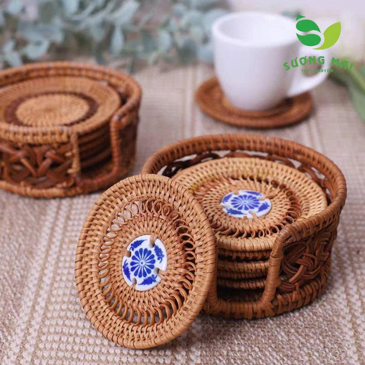 Đế Chén Mây Tre - Gốm Sứ Trắng - 10cm - Sương Mai