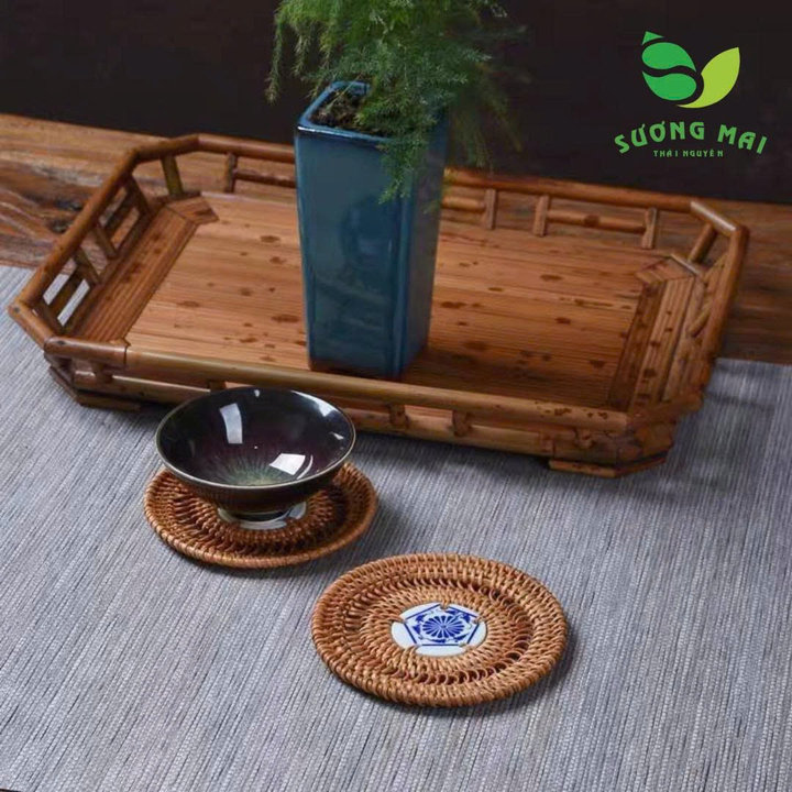 Alternative view of Đế Chén Mây Tre - Gốm Sứ Trắng - 10cm - Sương Mai