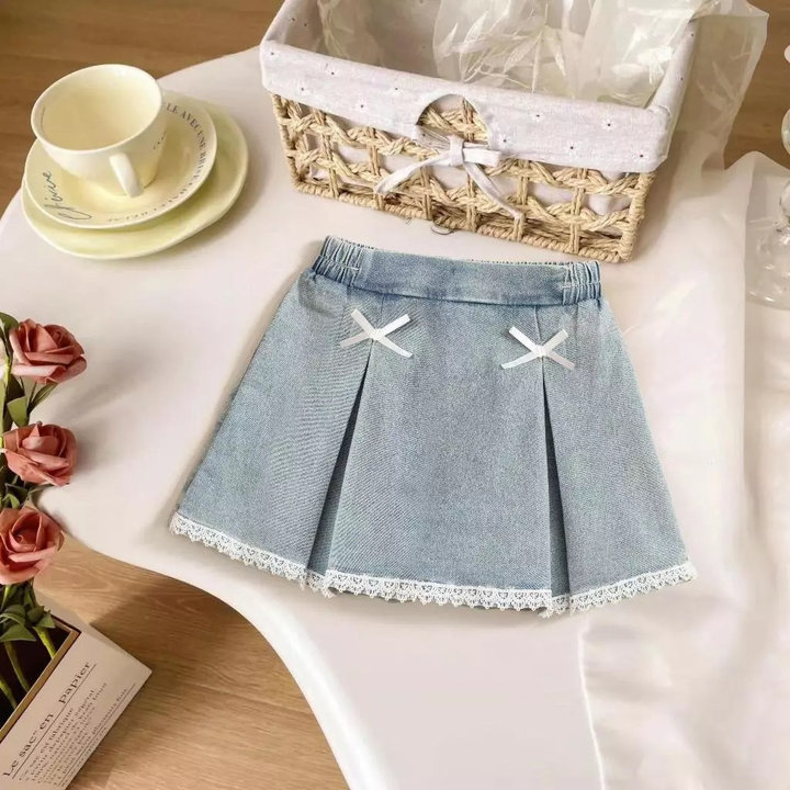 Alternative view of Quần Giả Váy Jean Bé Gái Xếp Ly Đính 2 Nơ Viền Ren Dễ Thương 12-45kg Dành Cho Bé Gái