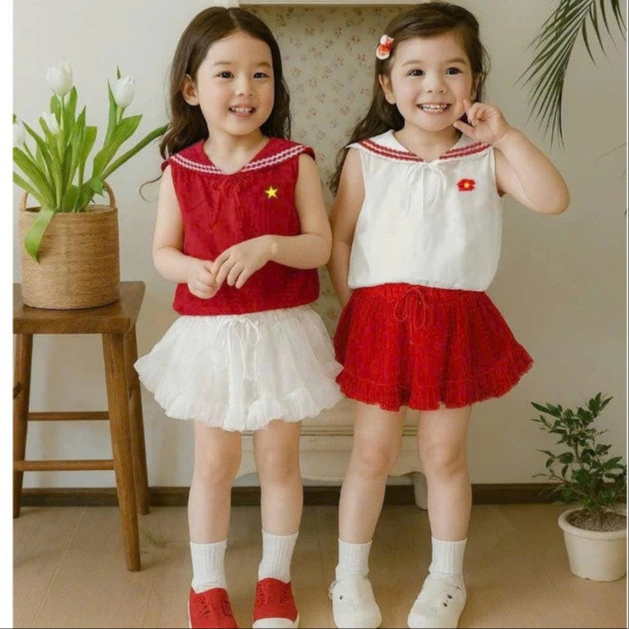 Set Váy Cờ Đỏ Sao Vàng – Áo Thủy Thủ Kate Cotton + Váy Lưới Từ 12-36kg Dành Cho Bé Gái