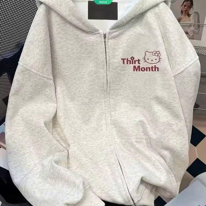 Áo Hoodie Zip Nỉ Bông Form Rộng Unisex In Chữ Thirt Month Mèo Kitty