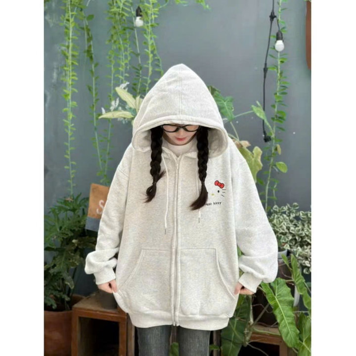 Áo Hoodie Zip Nỉ Bông Form Rộng Unisex In Helo Kitty Hai Mặt