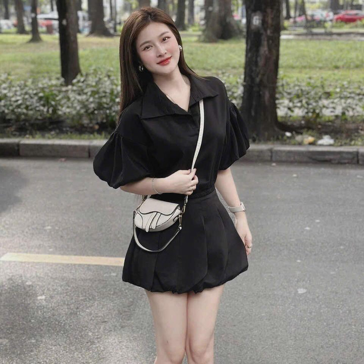 Set Cotton Lạnh Tay Phồng Chân Váy Bí Bồng Khóa Kéo Hông Tb105ef