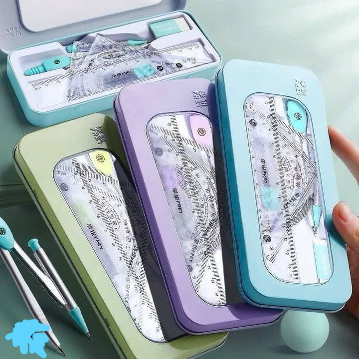 Bộ Đồ Dùng Học Tập 7 Chi Tiết Cho Bé Học Hình Học, Compa, Eke, Thước Kẻ Full Box