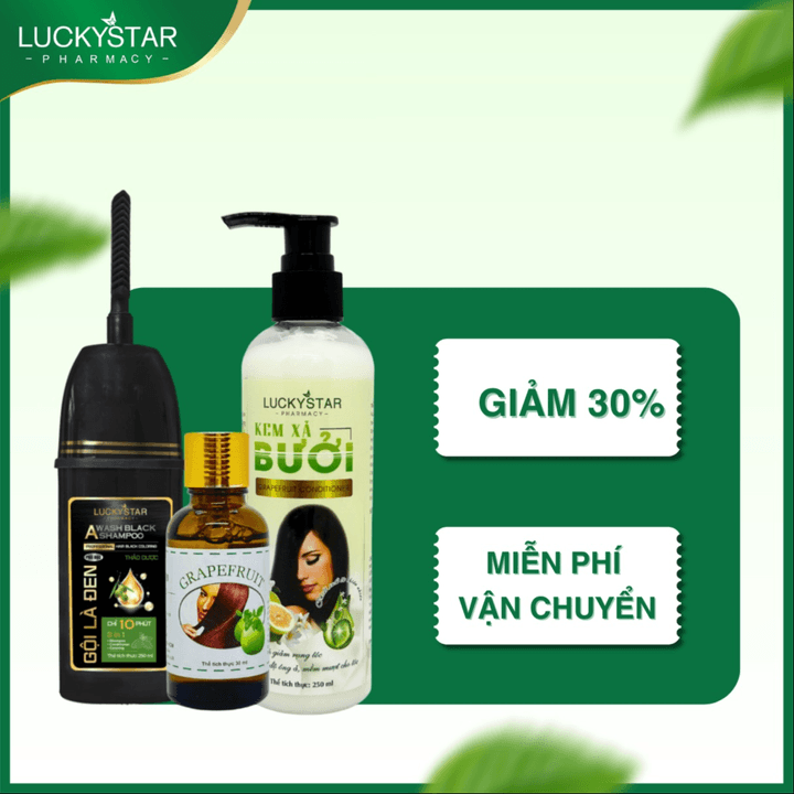 [combo Chăm Sóc Tóc] Combo Gội Phủ Bạc, Kem Xả Bưởi 250ml - Tinh Dầu Bưởi 30ml - Lucky Star