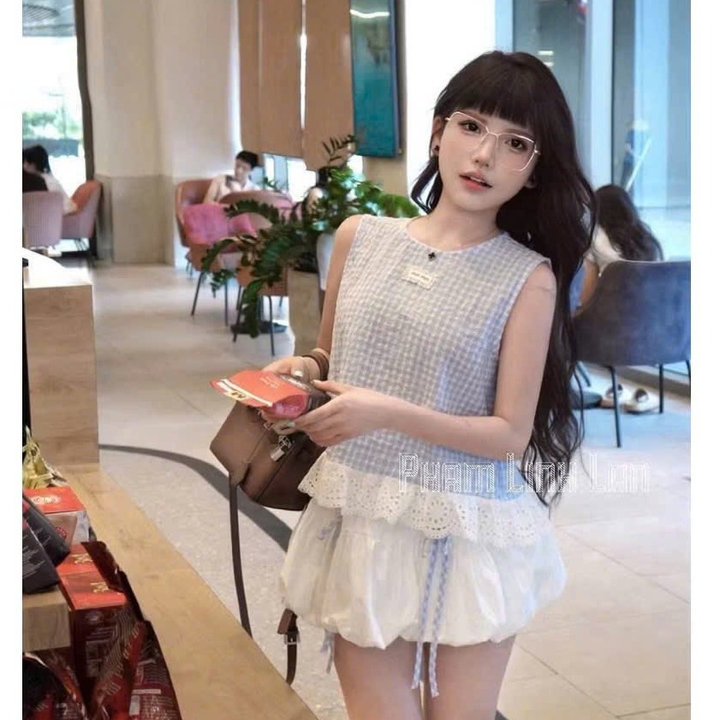 Set Áo Đũi Xốp Sọc Đính Chữ Miu Mix Chân Váy Bí Mango Đính Nơ Bt90or