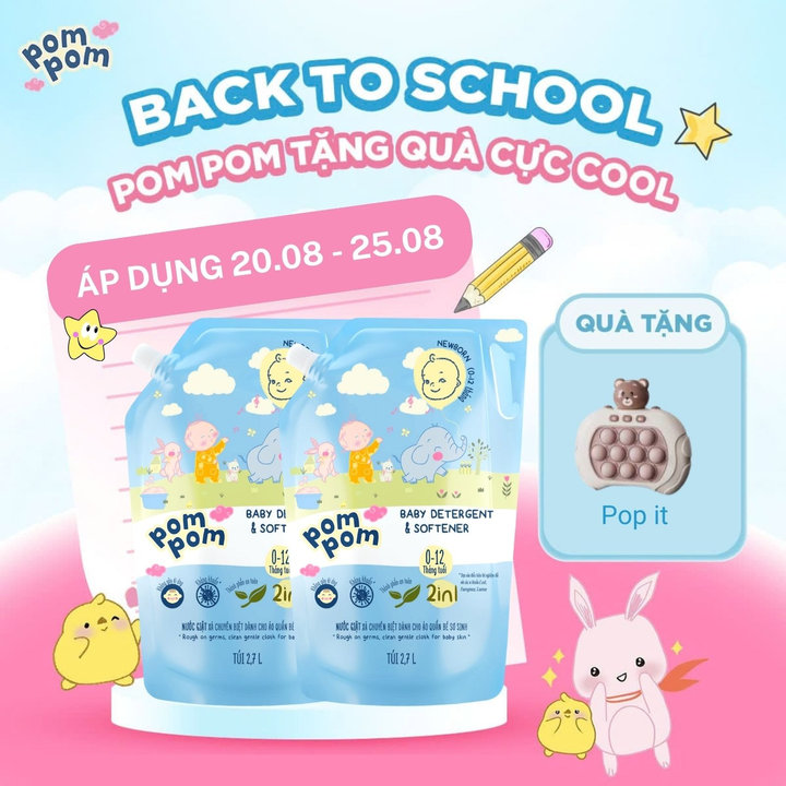[combo 2 Túi 2.7l] - Dành Cho Bé Sơ Sinh - Gel Giặt Xả 2in1- Sạch Sâu - Kháng Khuẩn - Khử Mùi Nôn Trớ, Ọc Sữa, Tè Khai-lưu Hương Phấn Thơm Dịu Nhẹ