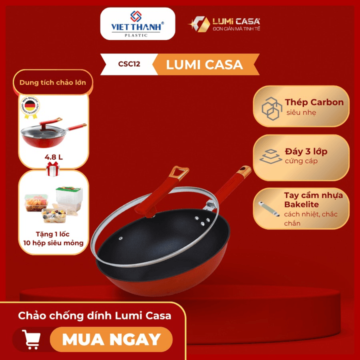 Chảo Chống Dính Thép Carbon Không Gỉ Lumicasa Csc12-32 Công Nghệ Đức - Siêu Bền Và Tiết Kiệm Năng Lượng