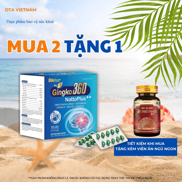 Viên Uống Gingko 360 Natto Plus++ Hỗ Trợ Hoạt Huyết Dưỡng Não Tăng Cường Khả Năng Tuần Hoàn Lưu Thông Máu Não Hộp 100 Viên