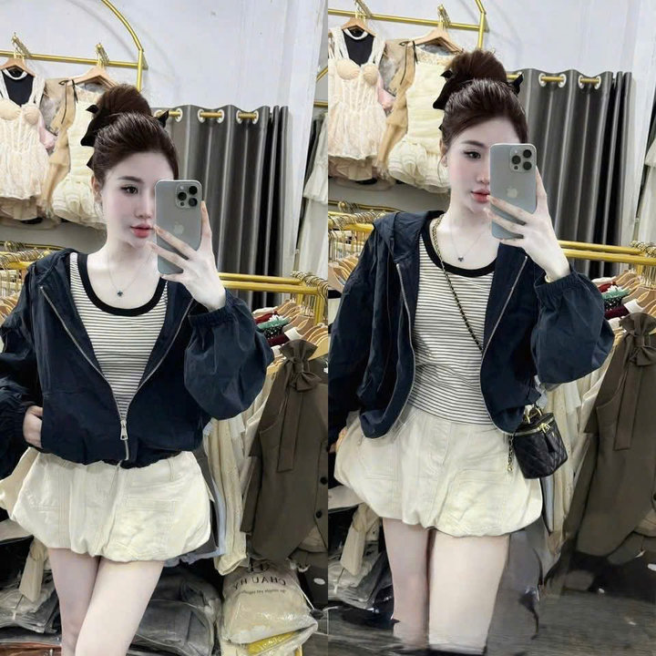 Áo Khoác Dù Gió Nữ Croptop Có Nón Thiết Kế Túi Có Khóa Kéo - Htm Fashion