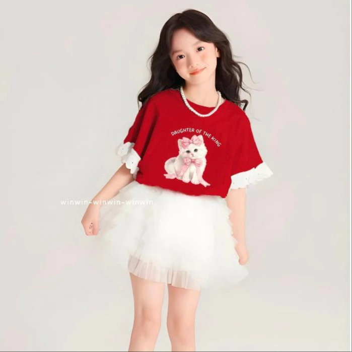 Set Đồ Bé Gái Áo Thun Mèo Phối Ren Tay + Chân Váy Voan Xếp Tầng Siêu Xinh Từ 12-45kg Dành Cho Bé Gái