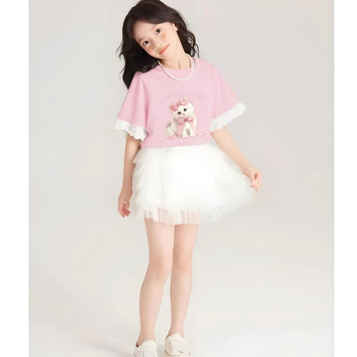 Alternative view of Set Đồ Bé Gái Áo Thun Mèo Phối Ren Tay + Chân Váy Voan Xếp Tầng Siêu Xinh Từ 12-45kg Dành Cho Bé Gái