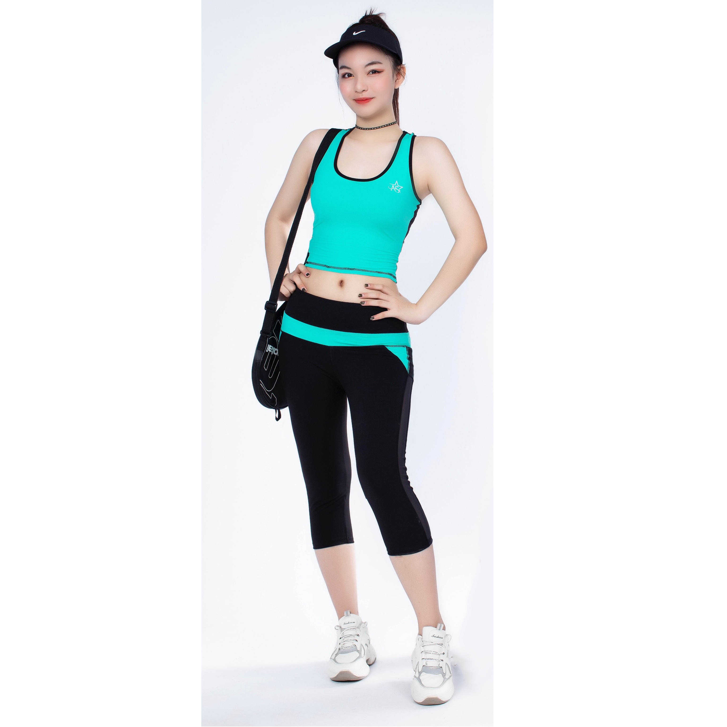 Alternative view of Bộ Tập Thể Thao Nữ Quần Lửng Phối Lưới Áo Croptop Dl503 Màu Xanh Bích - Ansa Sport