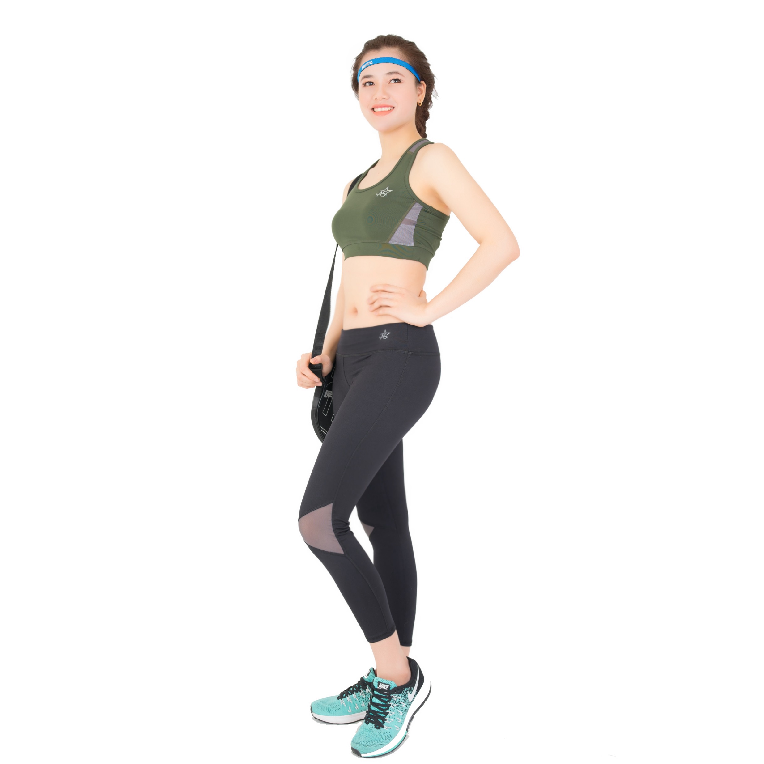 Bộ Tập Thể Thao Nữ Quần Lỡ Áo Bra Phối Lưới Dl1101 Màu Xanh Rêu - Ansa Sport