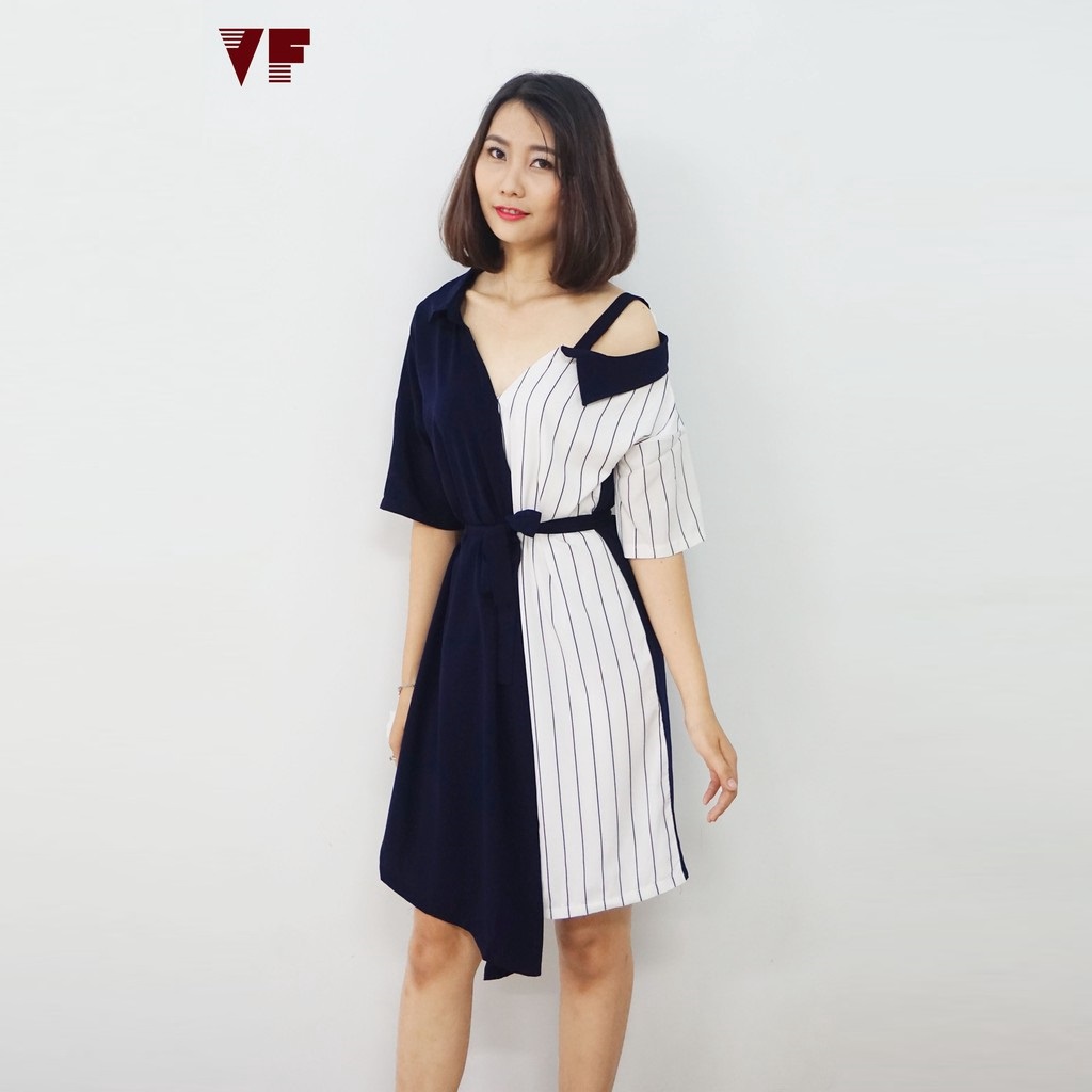 Đầm Phối Sọc Thắt Nơ Eo Phối Xanh - Vanass