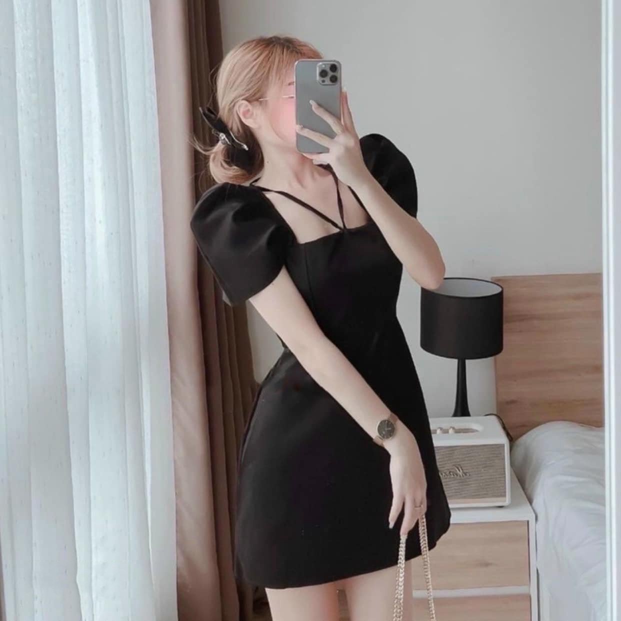 Đầm Chữ A Tay Bồng Cổ Vuông Sang Trọng Phối Dây Buộc Nơ Vd42 - Vanass