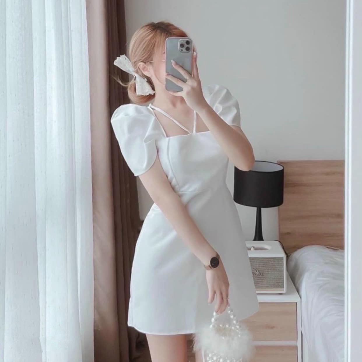 Alternative view of Đầm Chữ A Tay Bồng Cổ Vuông Sang Trọng Phối Dây Buộc Nơ Vd42 - Vanass