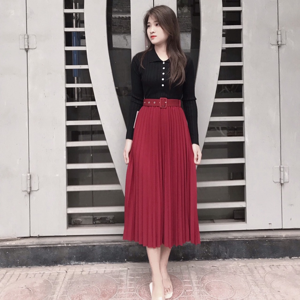 Chân Váy Xếp Ly Kèm Đai Midi Vintage Dáng Công Sở Lưng Cao - Chipxinhxk