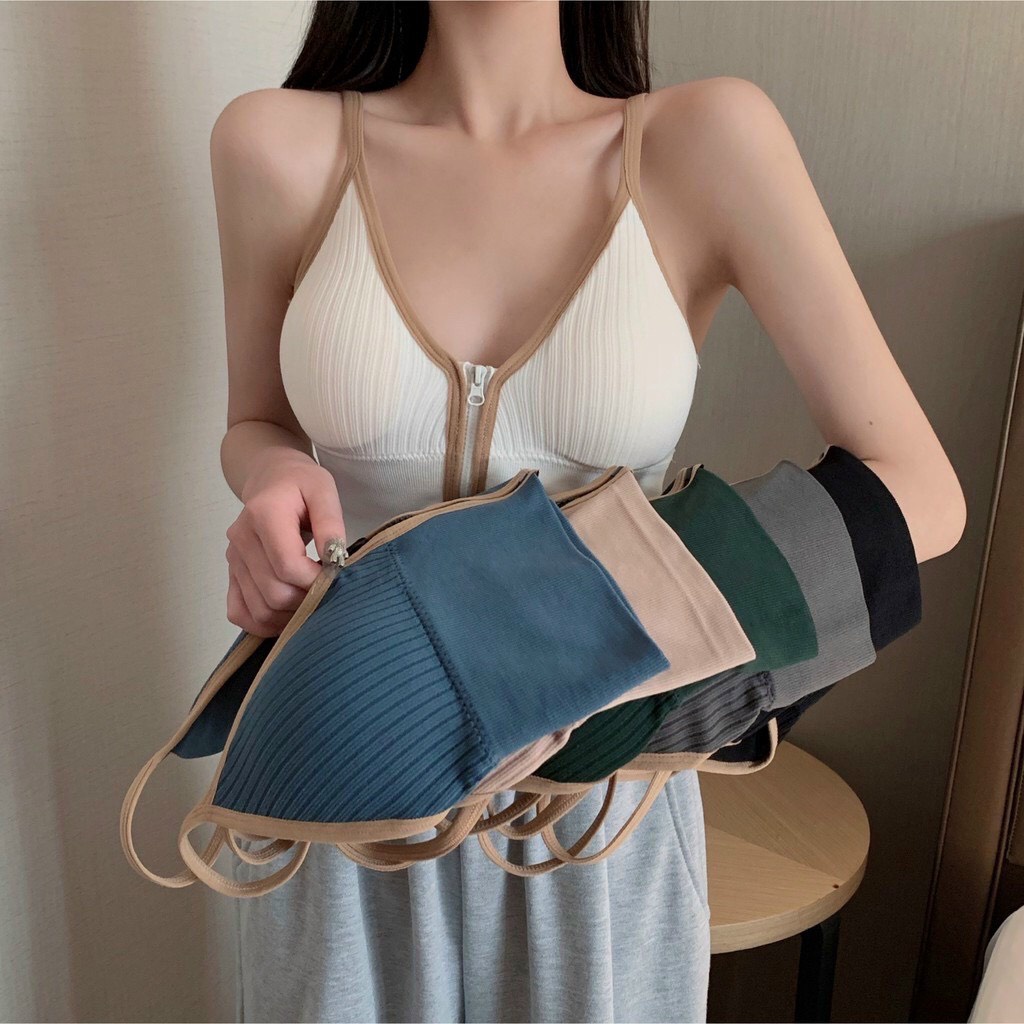 Alternative view of Áo Ngực Gân Nữ Cá Tính 2 Dây Cổ V Khóa Kéo Trước Croptop - Vanass