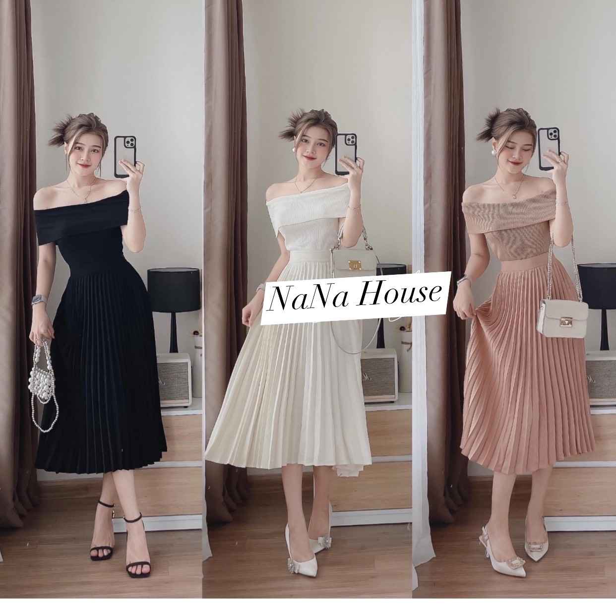 Set Áo Bẹt Vai Mĩ Chân Váy Dập Ly Xòe - Nana House
