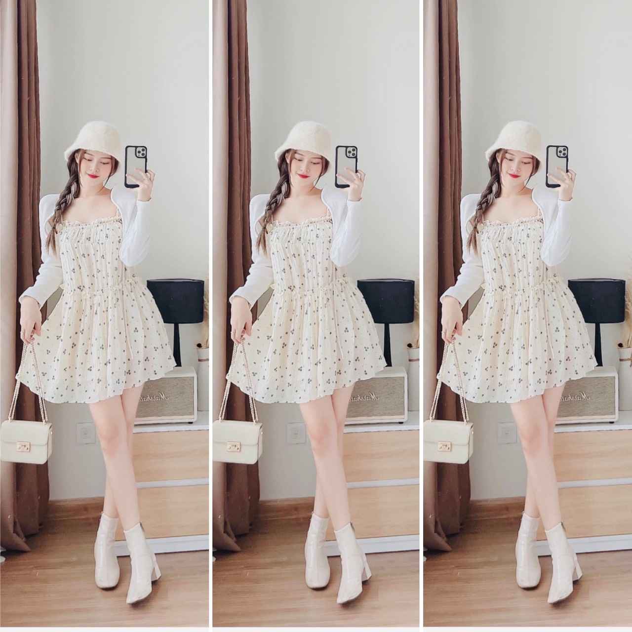 Set 2 Món Đầm Hoa Đũi Kèm Áo Khoác - Nana House