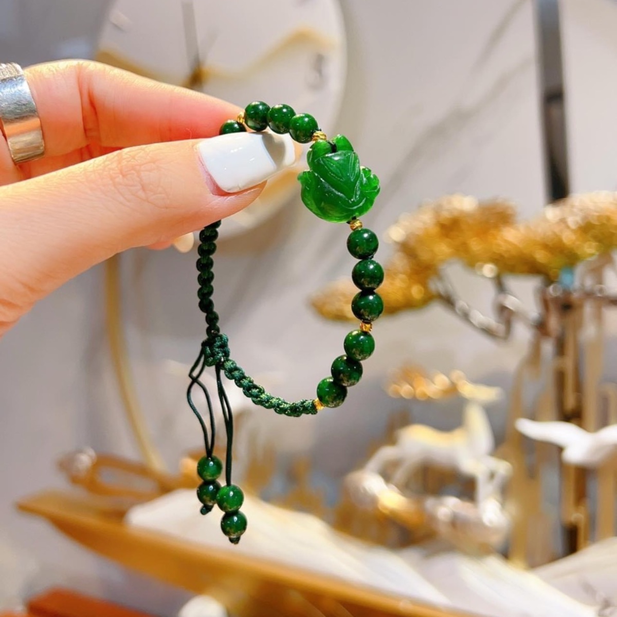 Vòng Tay Hồ Ly Ngọc Cẩm Thạch Sơn Thủy Thiên Nhiên Tết Dây Bi Xi Vàng - Thắng Giang
