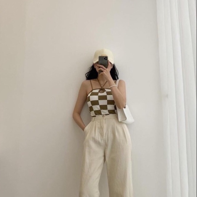 Alternative view of Áo 2 Dây Dáng Croptop Kẻ Ô Caro Phối Dây Cổ - Diepchi Fashion