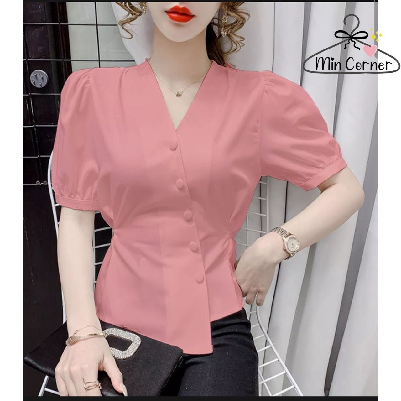 Alternative view of Áo Tiểu Thư Cổ V Thắt Eo Tay Bồng Chất For Nhật Cao Cấp Ms2 - Min Corner