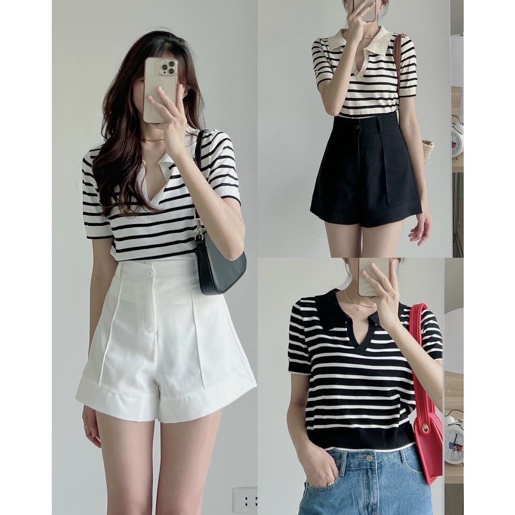 Áo Len Nữ Cổ Bẻ Kẻ Ngang Với 3 Nền Màu Khác Nhau Cực Xinh Alpl - Diepchi Fashion