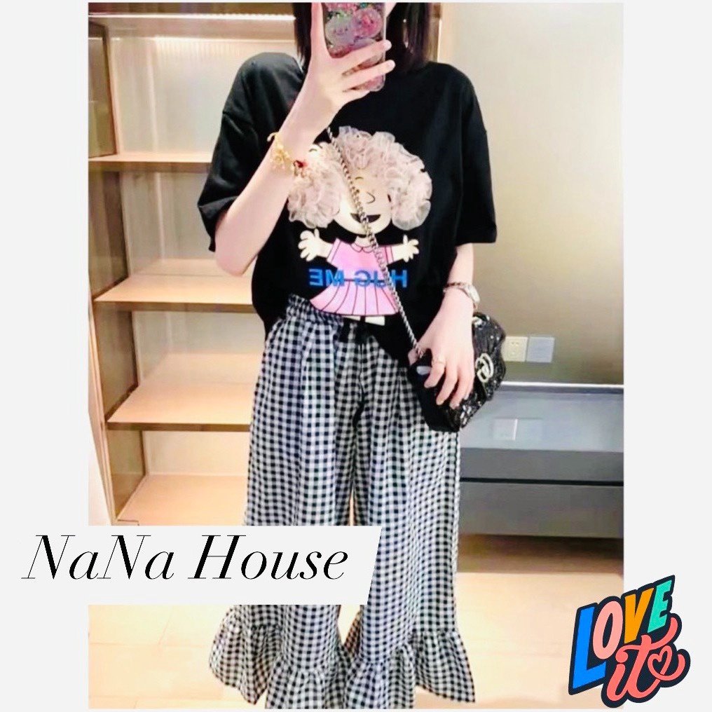 Set Bộ Cô Gái Phối Lưới -quần Suông Caro Lai Bèo Freesize Ct075 - Nana House