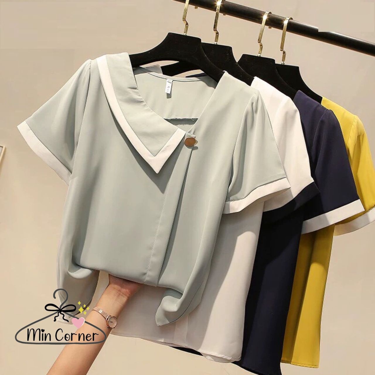 Áo Kiểu Đắp Chéo Đính Nút Cách Điệu Chất Tơ Nhung Xịn Mịn Ms8 - Min Corner