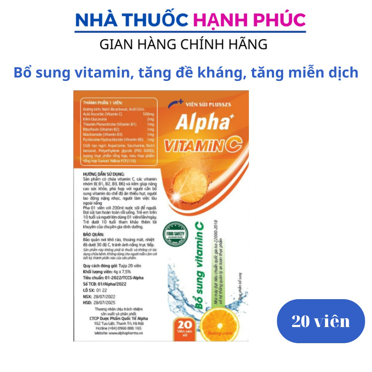 Viên Sủi Alpha Hỗ Trợ Tăng Sức Đề Kháng, Bổ Sung Vitamin C Tuýt 10 Viên - Dược Phẩm Quốc Tế Alpha
