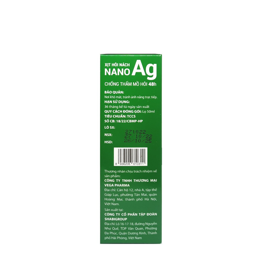 Alternative view of Xịt Khử Hôi Nách Nano Ag Lọ 50ml - Shabigroup