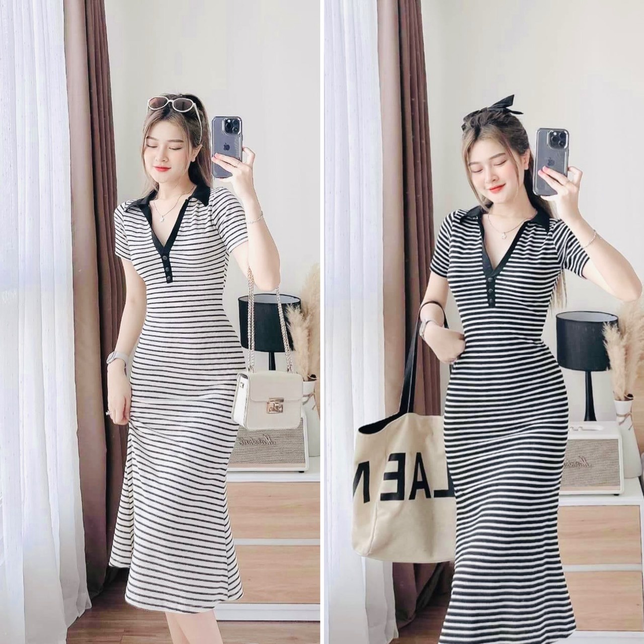 Đầm Váy Polo Nữ Cổ Sơ Mi Thun Cotton ,tay Ngắn Sọc Đen ,trắng Ct570 - Nana House