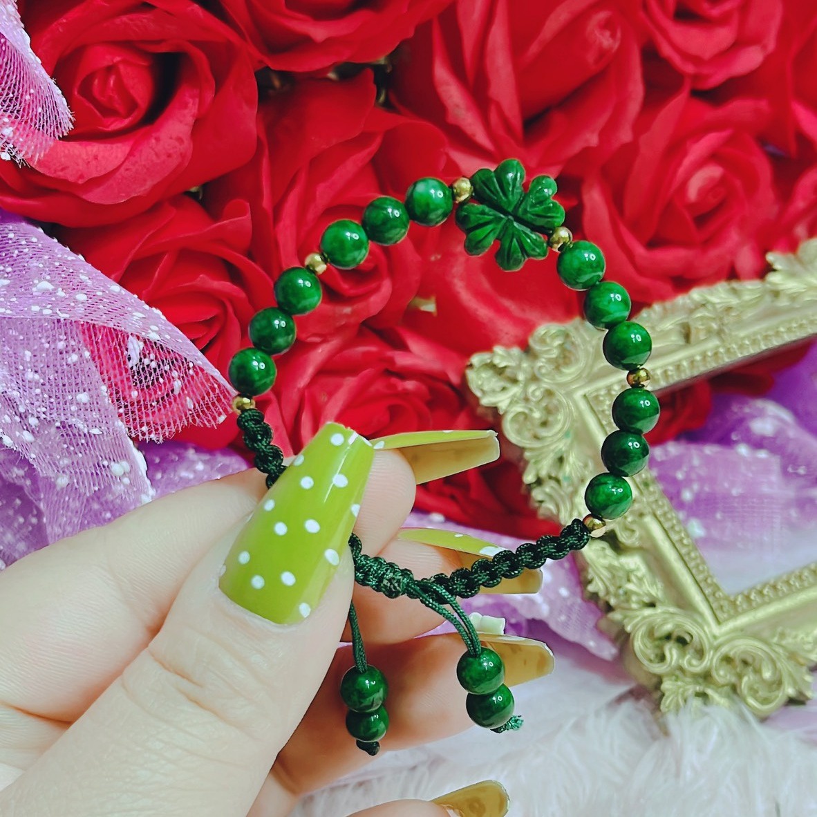 Vòng Tay Cỏ Bốn Lá Ngọc Cẩm Thạch Sơn Thủy Tết Dây Chỉ May Mắn - Thắng Giang