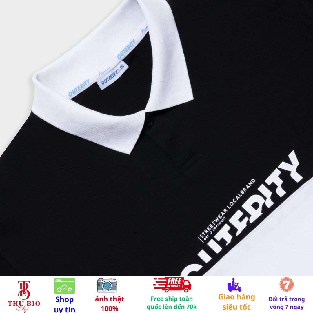 Alternative view of Áo Polo Unisex, Áo Thun Có Cổ Form Rộng Tay Lỡ Phối Màu Đen Trắng