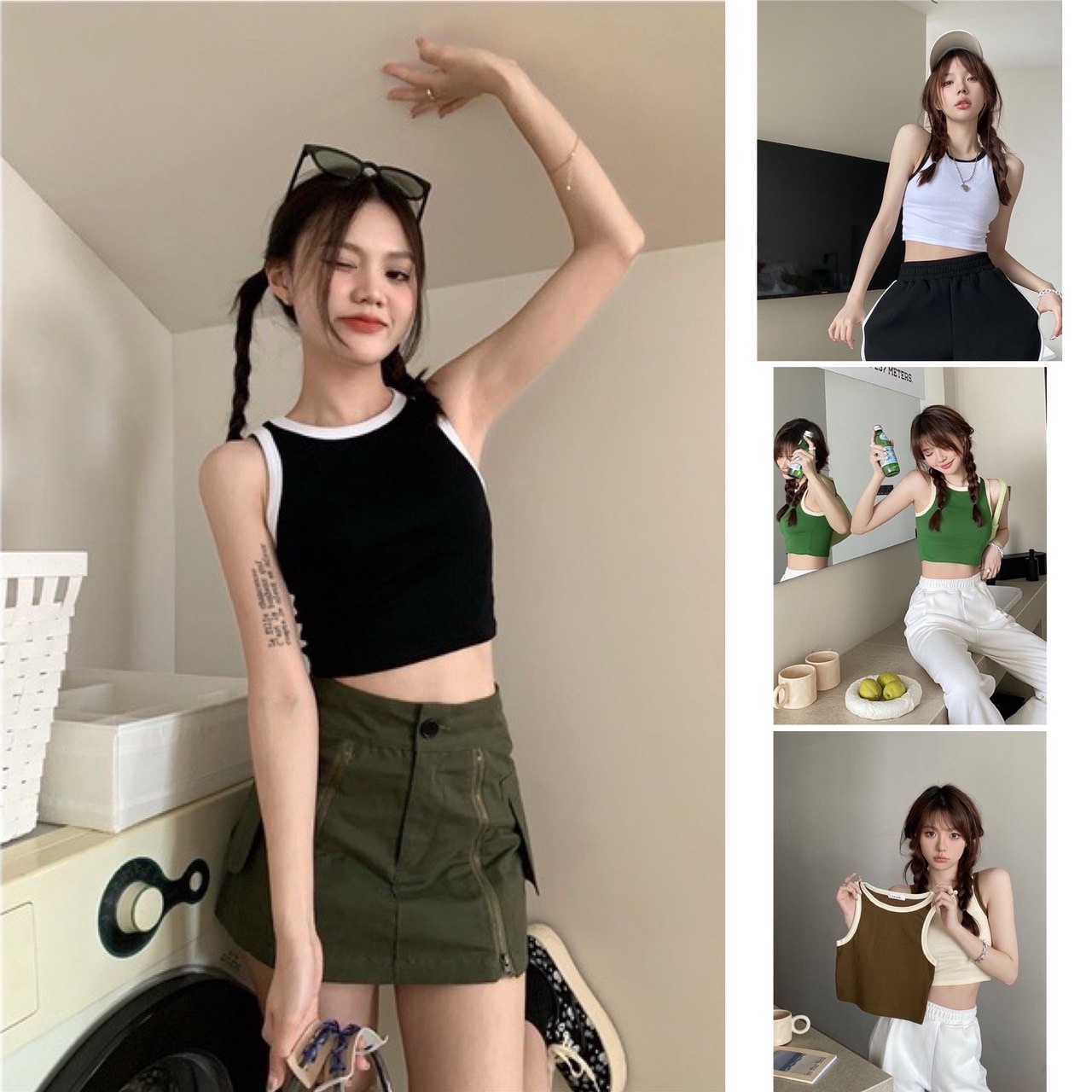 Áo Crotop Ba Lỗ Phối Viền Basic Trơn Nữ Thun Gân Kiểu Ôm Body Ug003 - Nana House