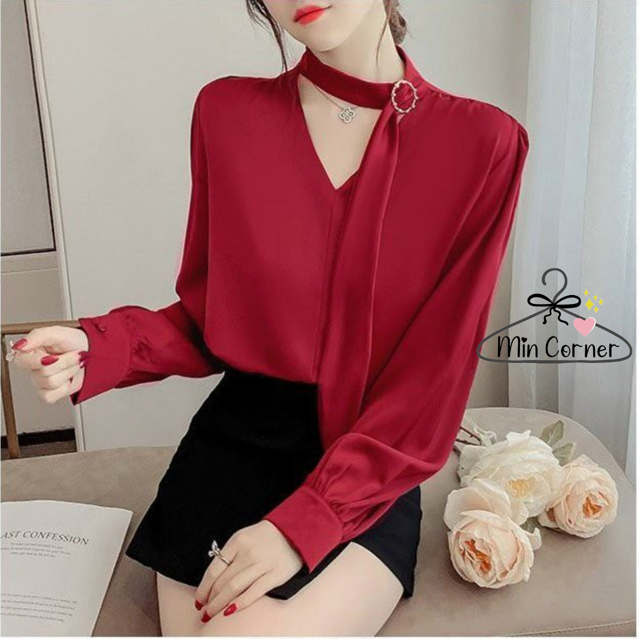 Áo Sơ Mi Kiểu Nữ Tay Dài Phối Dây Choàng Cổ Siêu Đẹp - Min Corner