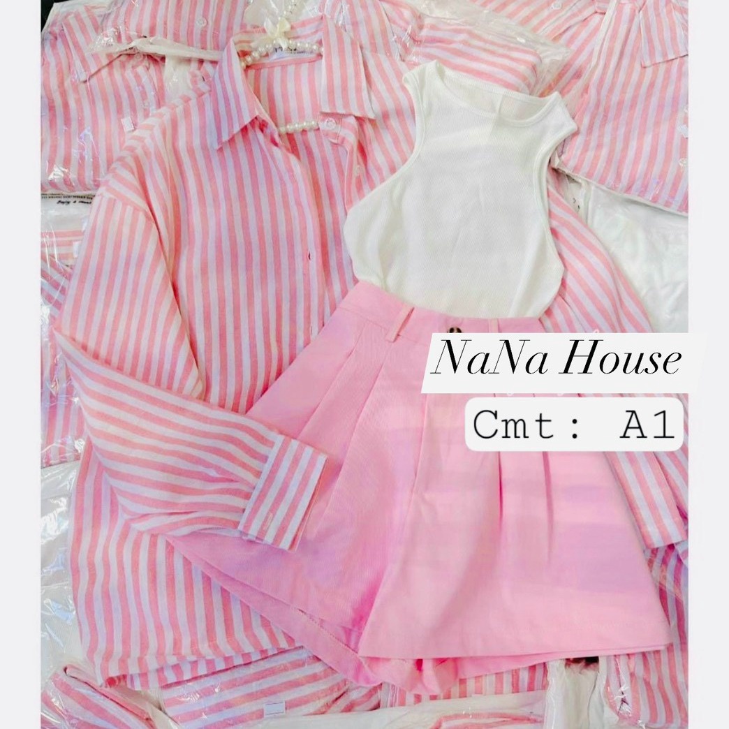 Alternative view of Set 3 Món Áo Kate Sọc Tay Dài Mix Áo Ba Lỗ, Quần Short Hồng Dd011 - Nana House